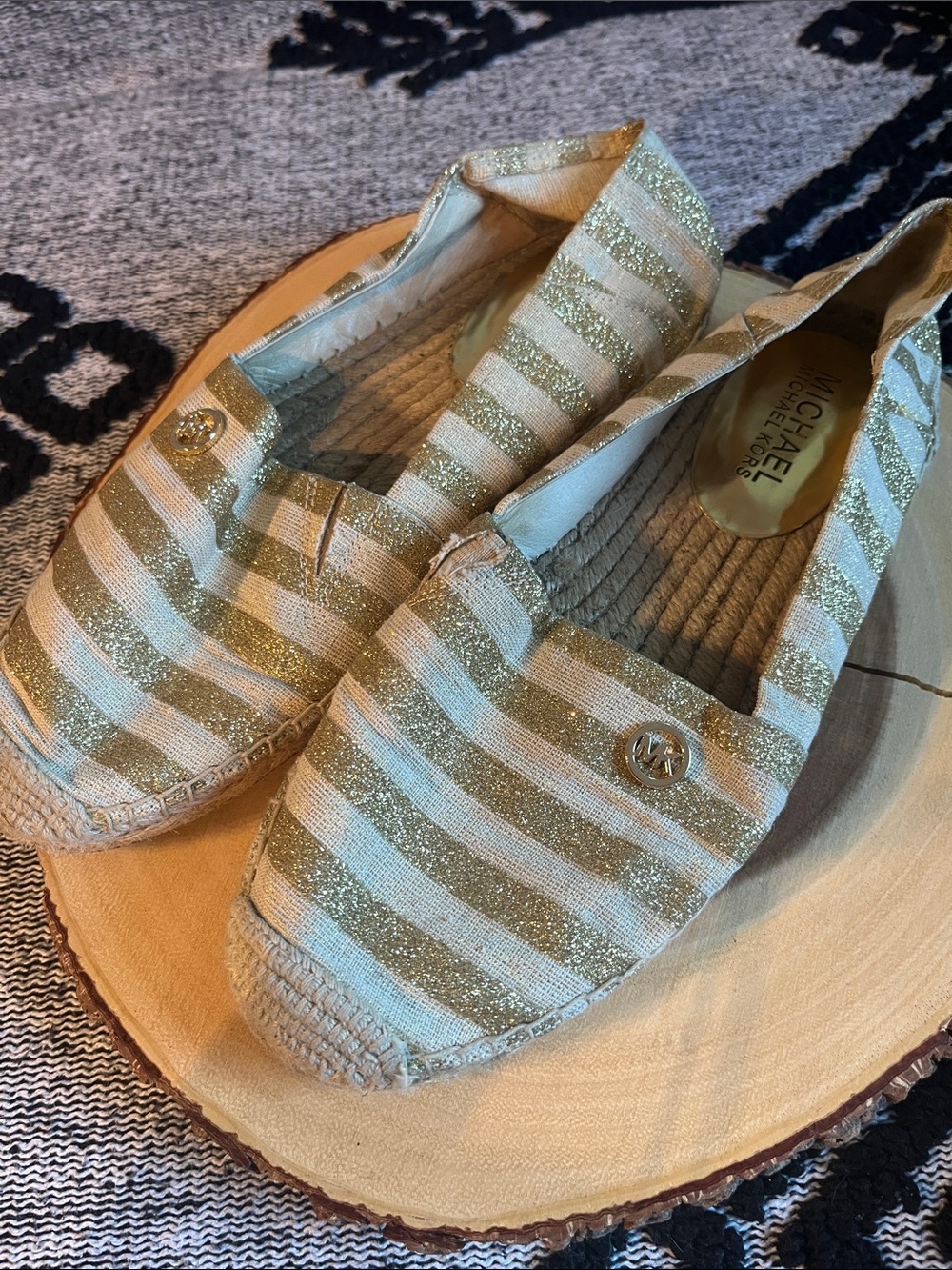 Michael Kors Cream and Gold Striped Espadrille Flats